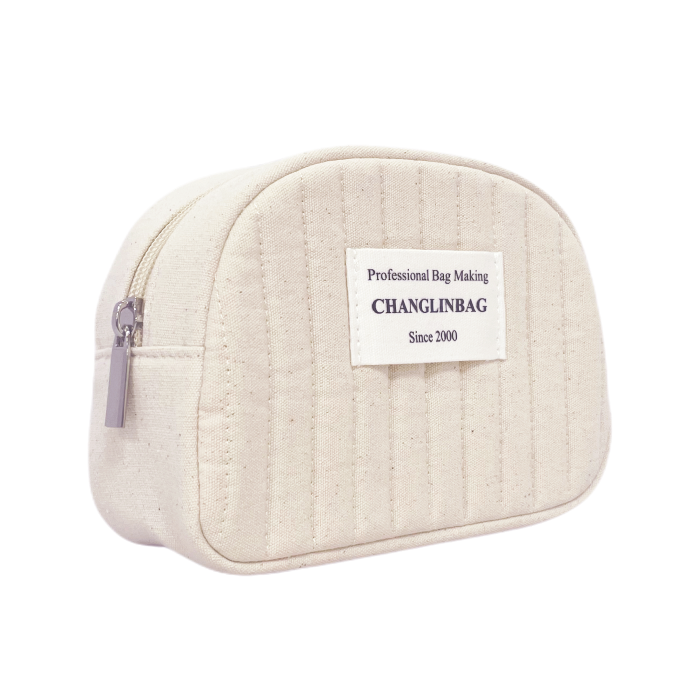 Portable Small Fashion Quilted Natural Beige Eco-friendly Cotton Canvas Cosmetic Makeup Pouch Bag