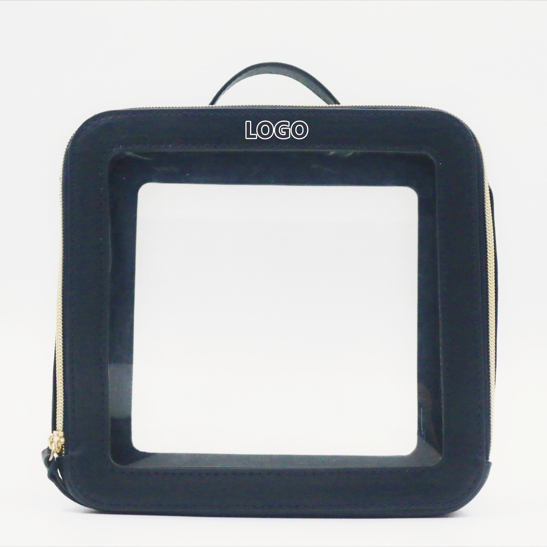 Waterproof Dark Blue PU Outline Handle Toiletry Bag Transparent PVC Makeup Bag