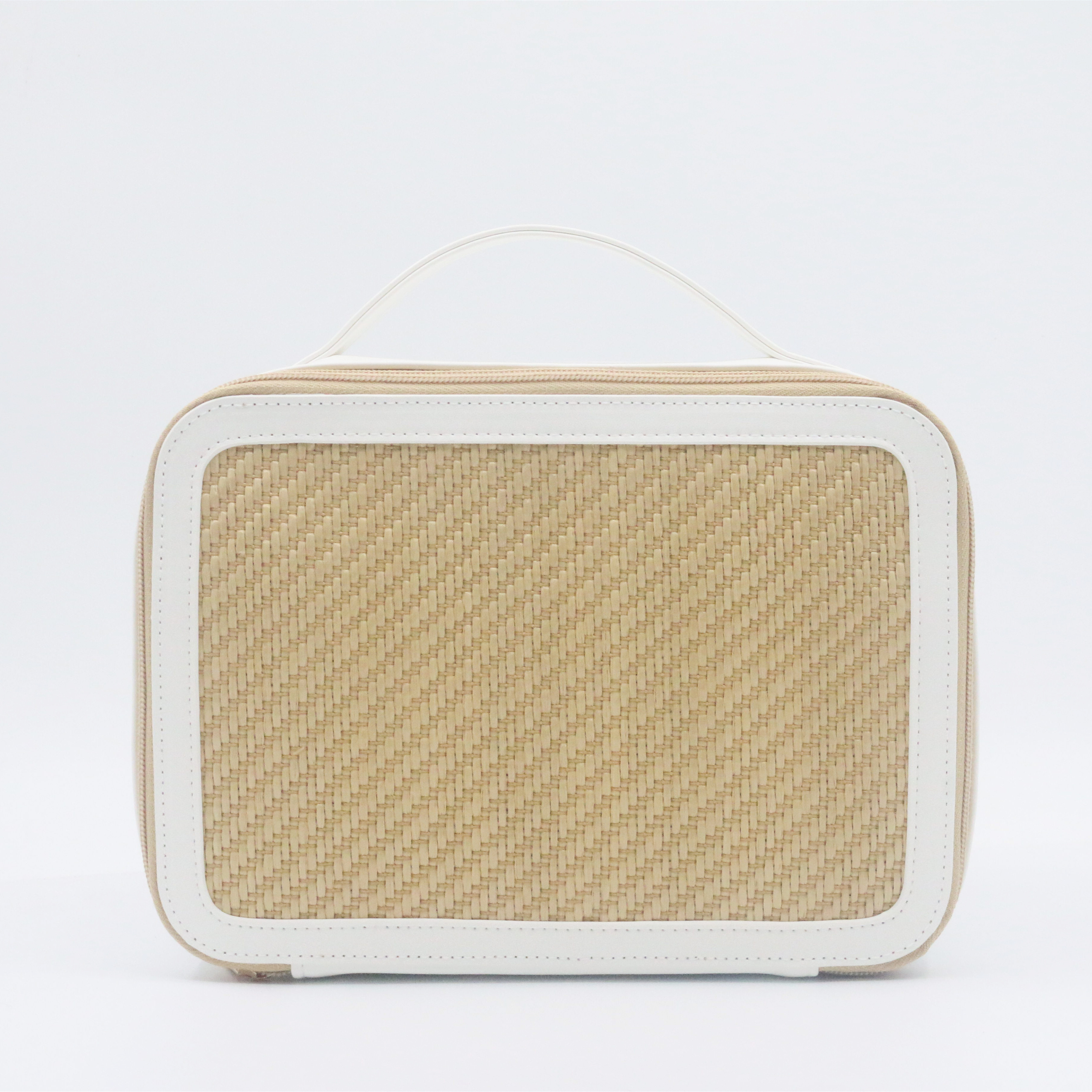 New ODM Elegant White Water-based PU Paper Straw Stitching Cosmetic Bag Large Size Waterproof Recycled PU Eco Straw Makeup Bag