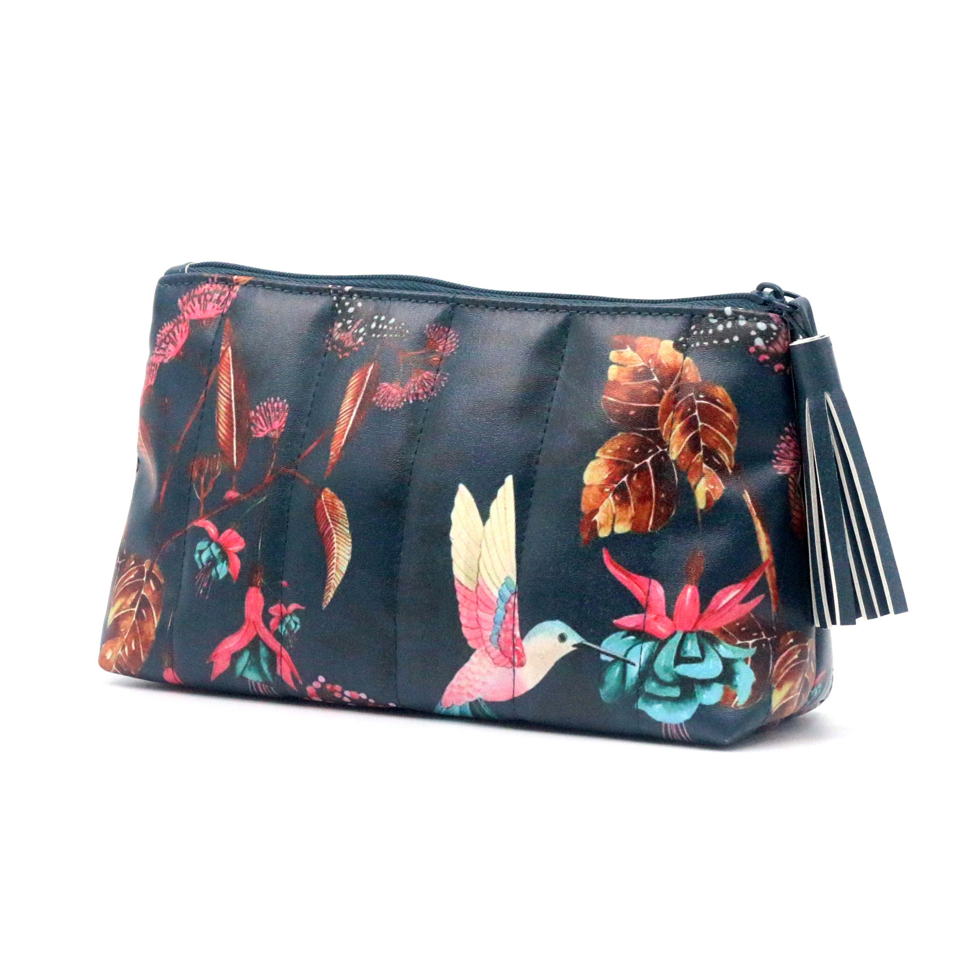 Dark Green PU Quilted Makeup Bag Floral Birds Prints Vegan Leather Cosmetic Bag