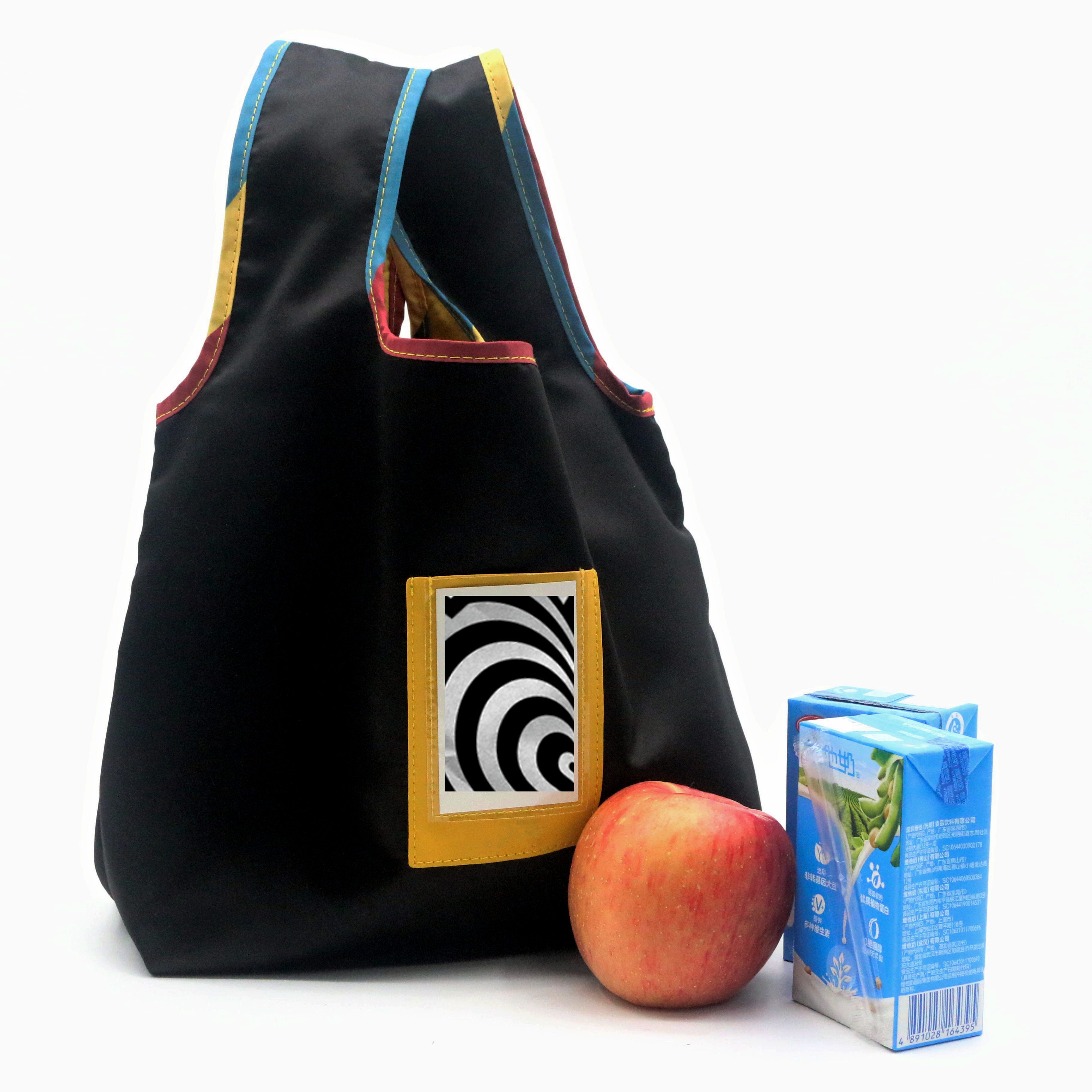 Wholesale Custom Logo Eco 210D rPET Foldable Grocery Bag Open Top Black Recycled Polyester Cute Folding Shopping Bag