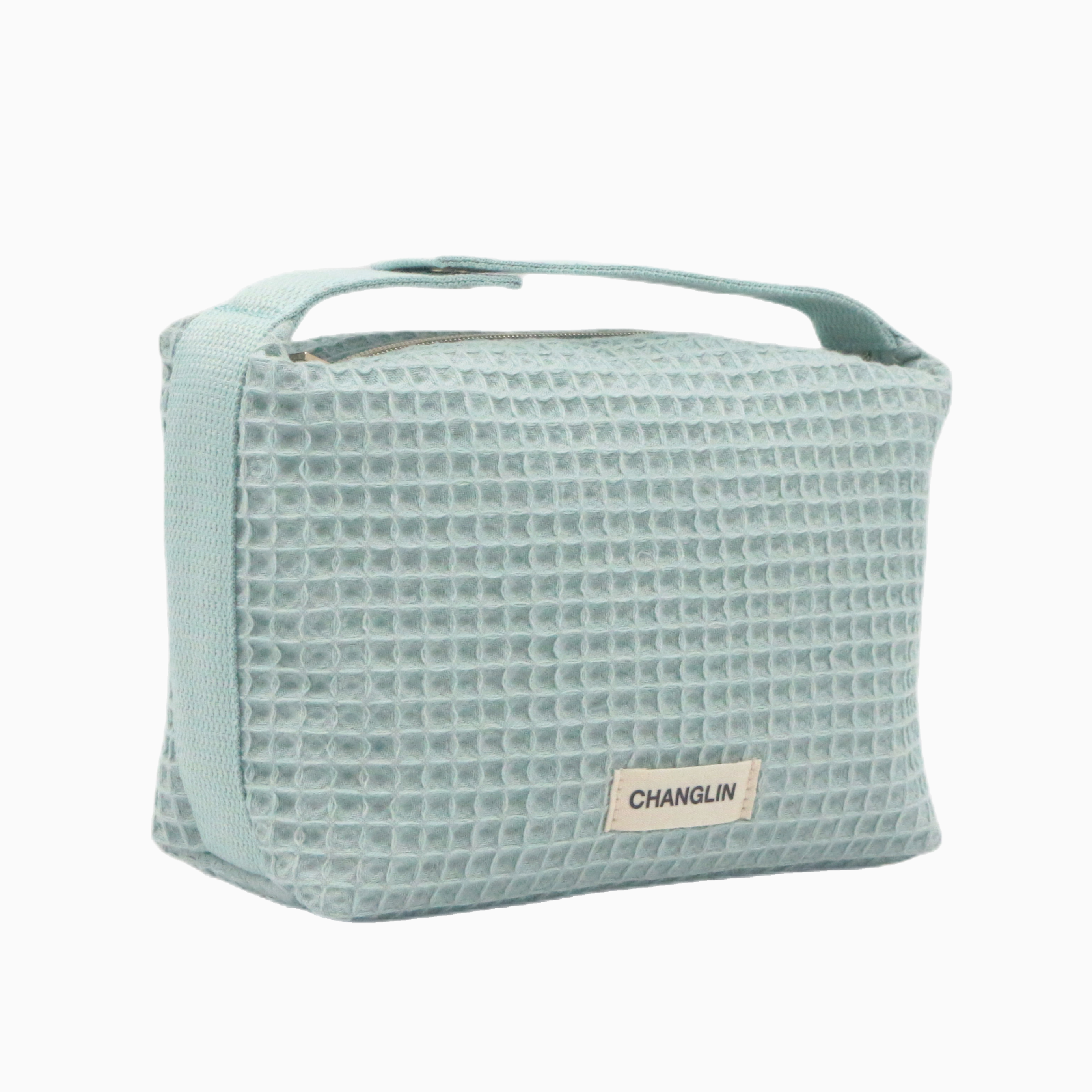 New Unique Blue-green Waffle Pattern Portable Handle Travel Toiletry Bag Women Lady Beauty Makeup Bag Cotton Cosmetic Makeup Bag
