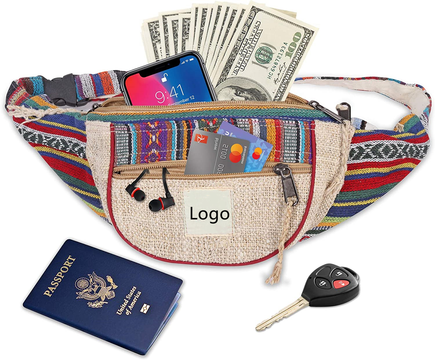 Eco-friendly Hemp Striped Cotton Canvas Waist Bag Running Belt Fanny Pack