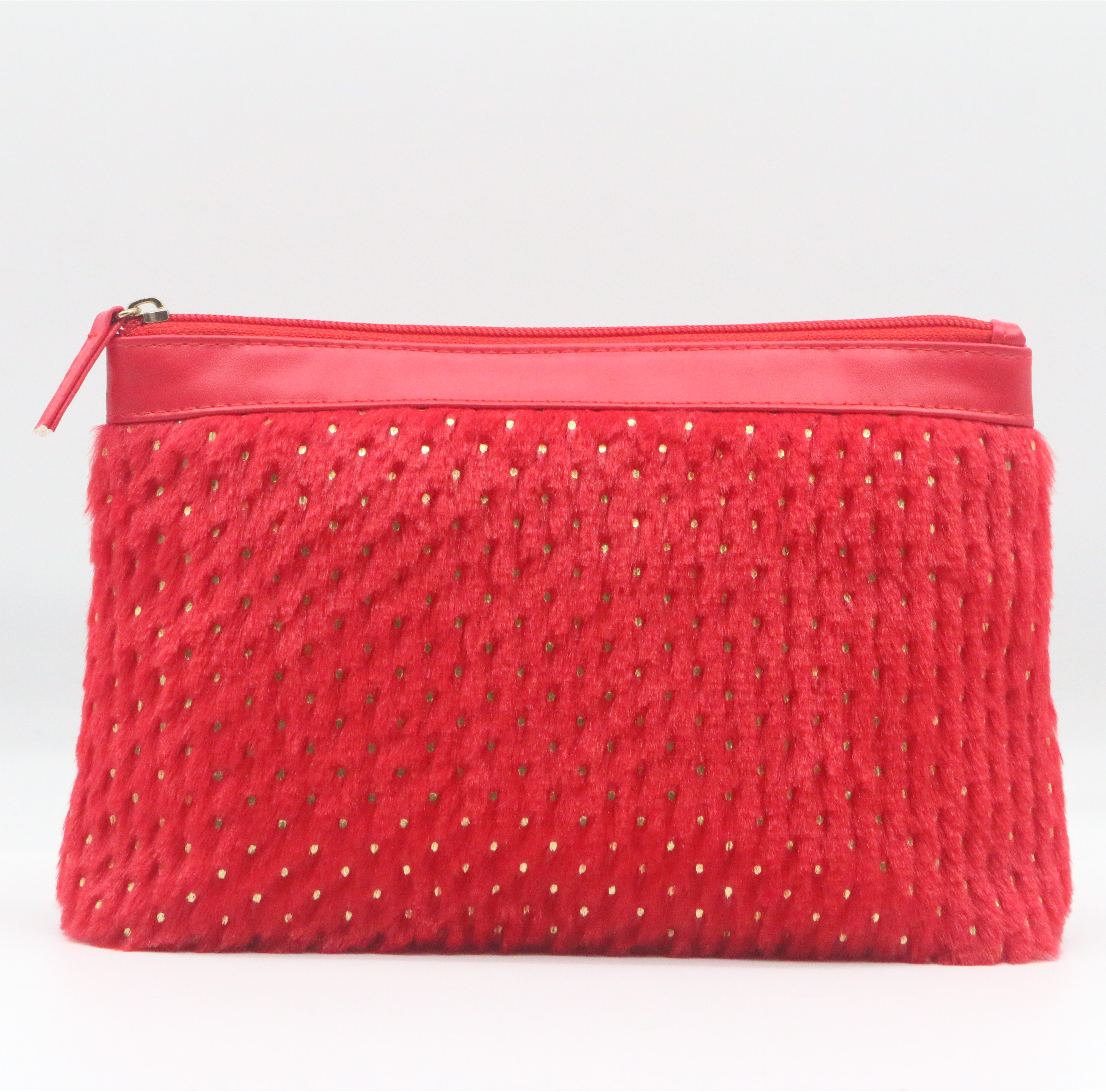 Golden Dot Pattern Classic Chic Red PU Faux Fur Stitching Makeup Bag