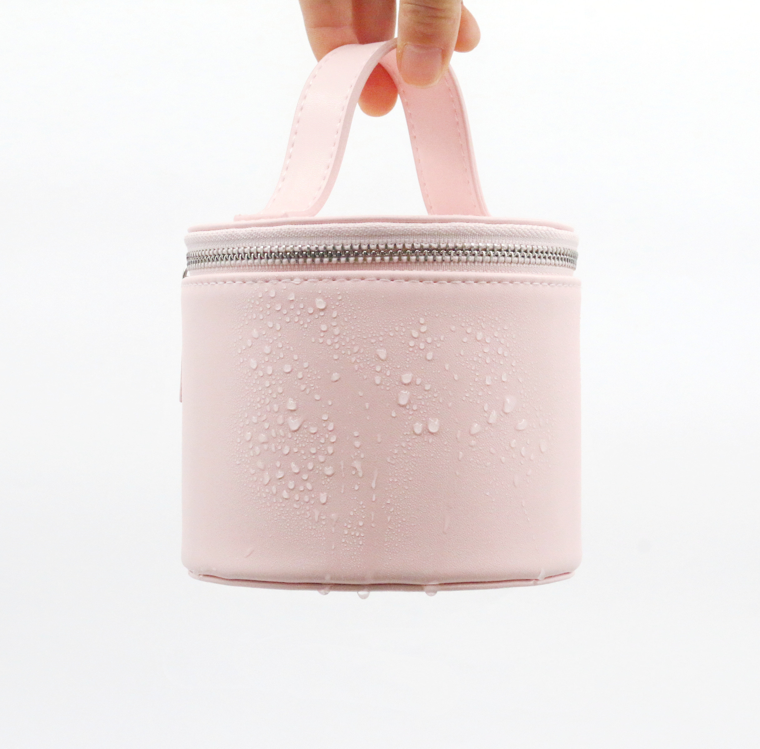 Barrel Shape Pink PU Cosmetic Bag