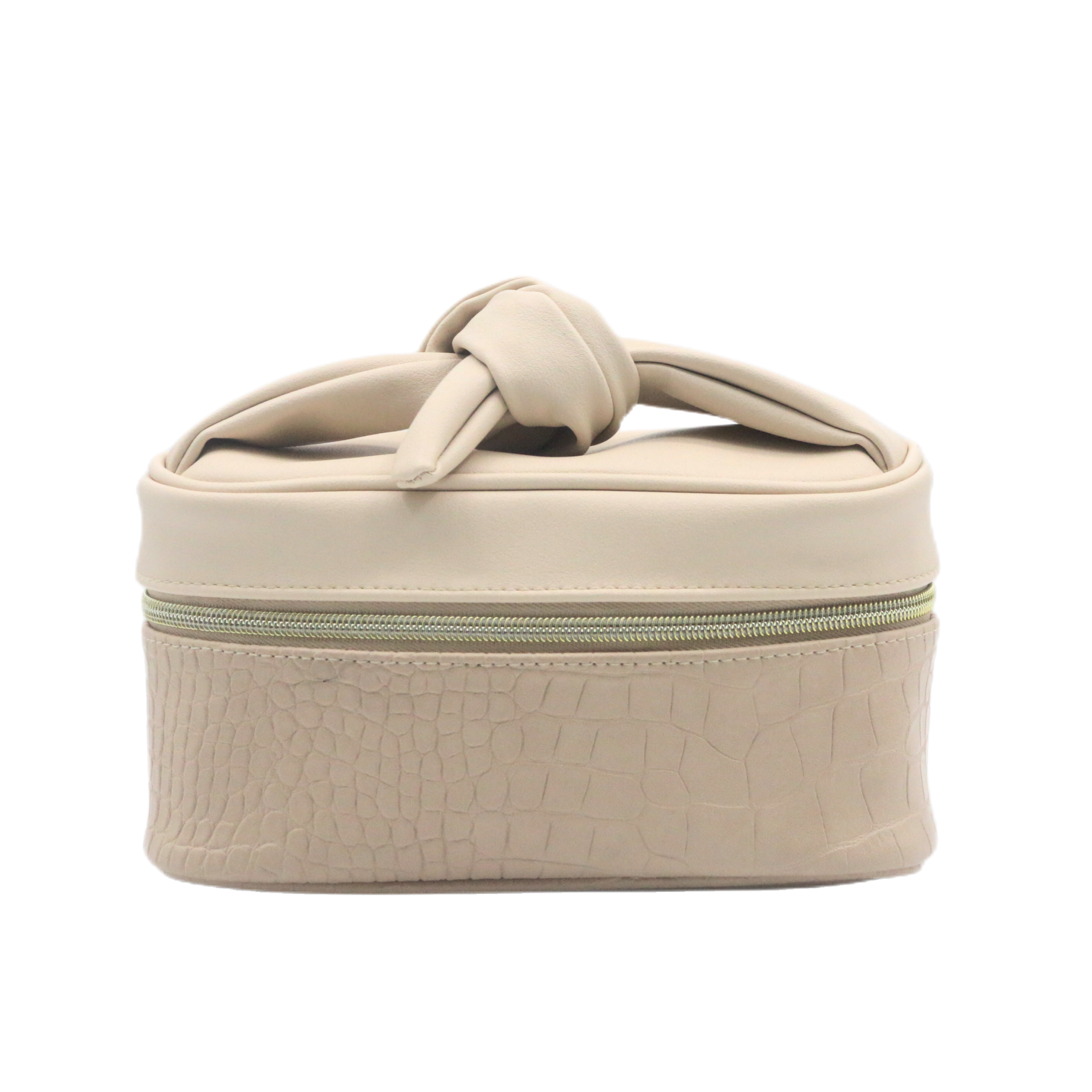 Waterproof Custom Alligator PU Cosmetic Bag Beige Bowknot Handle Fashion Vegan Leather Beauty Makeup Bag