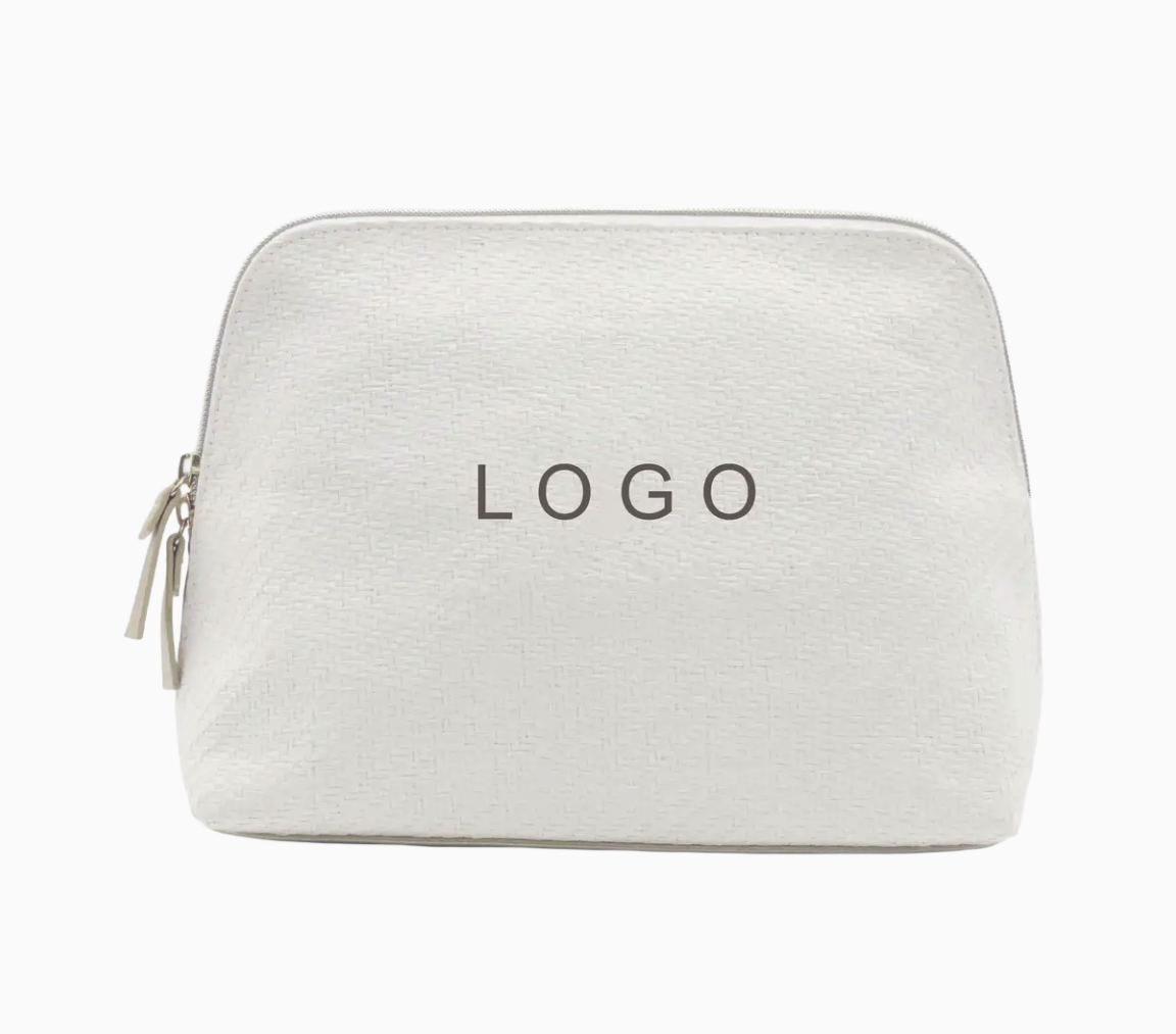 Newest Eco-friendly Straw Makeup Bag Large Size Custom Logo Shell Shape Unique White Raffia Crocheted Paper Cosmetic Bag