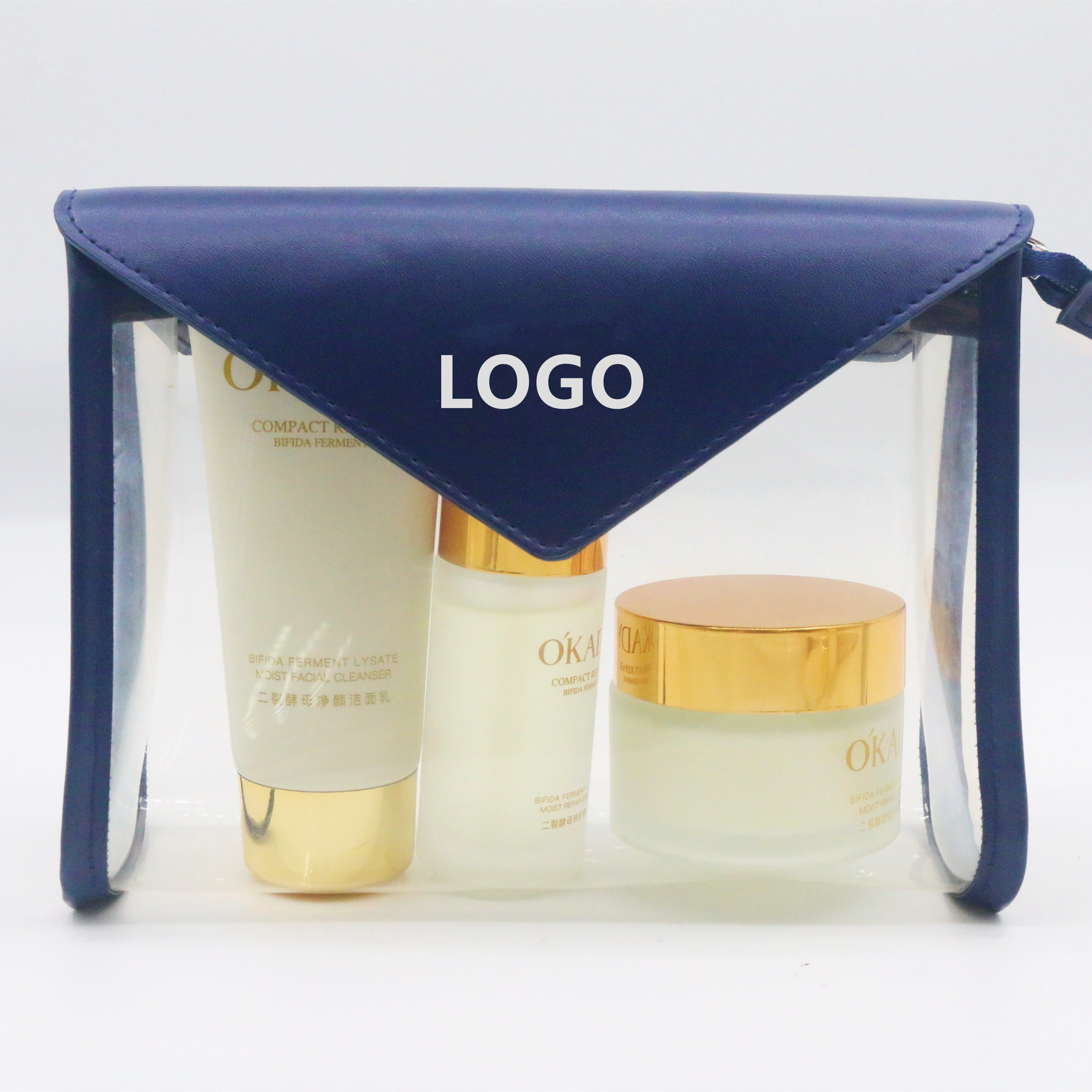Classic Letter Shape Waterproof TPU Clear Toiletry Bag Blue PU Transparent TPU Makeup Cosmetic Pouch Bag