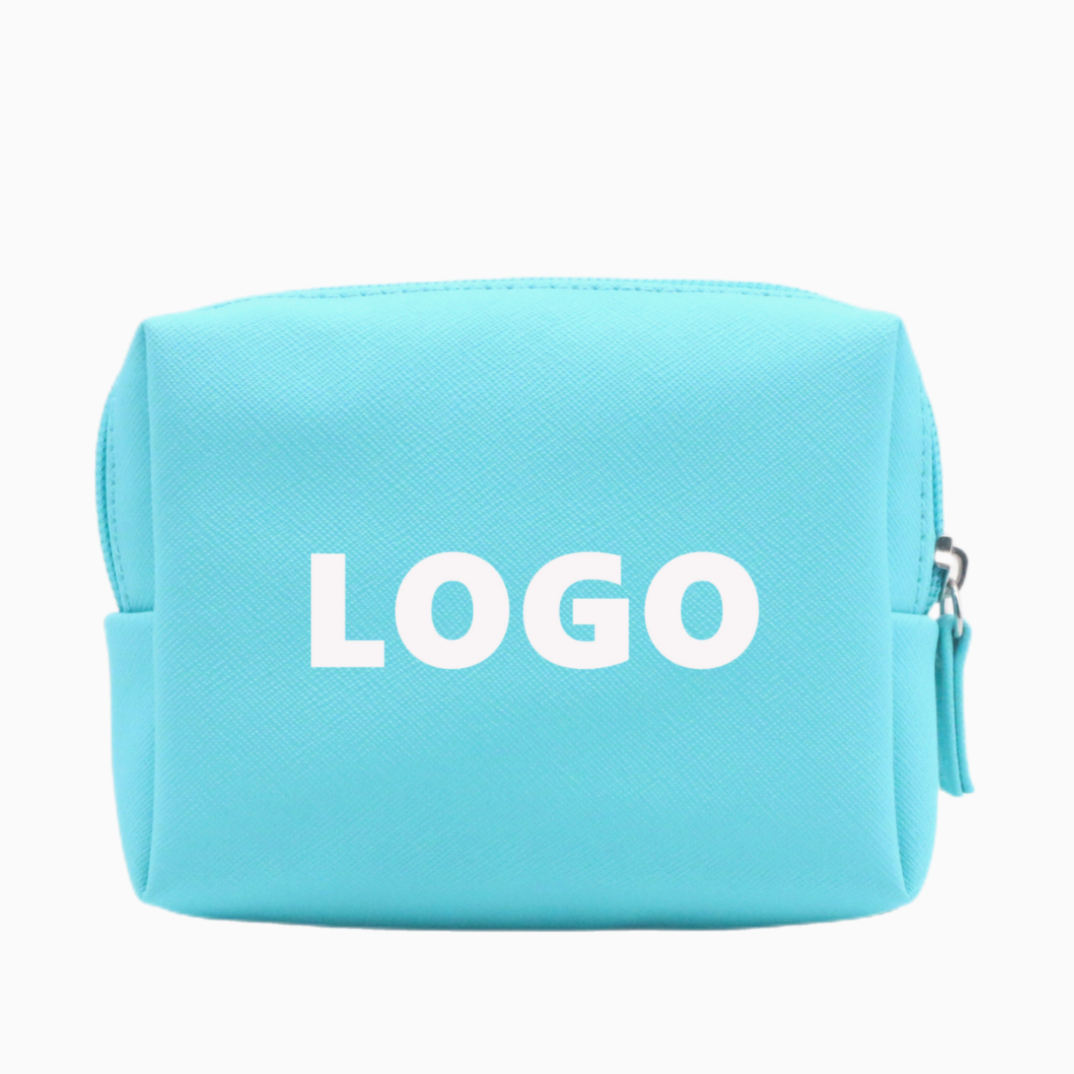 Custom Logo Blue PU Promotional Makeup Pouch Cute Small Vegan Leather PU Cosmetic Bag