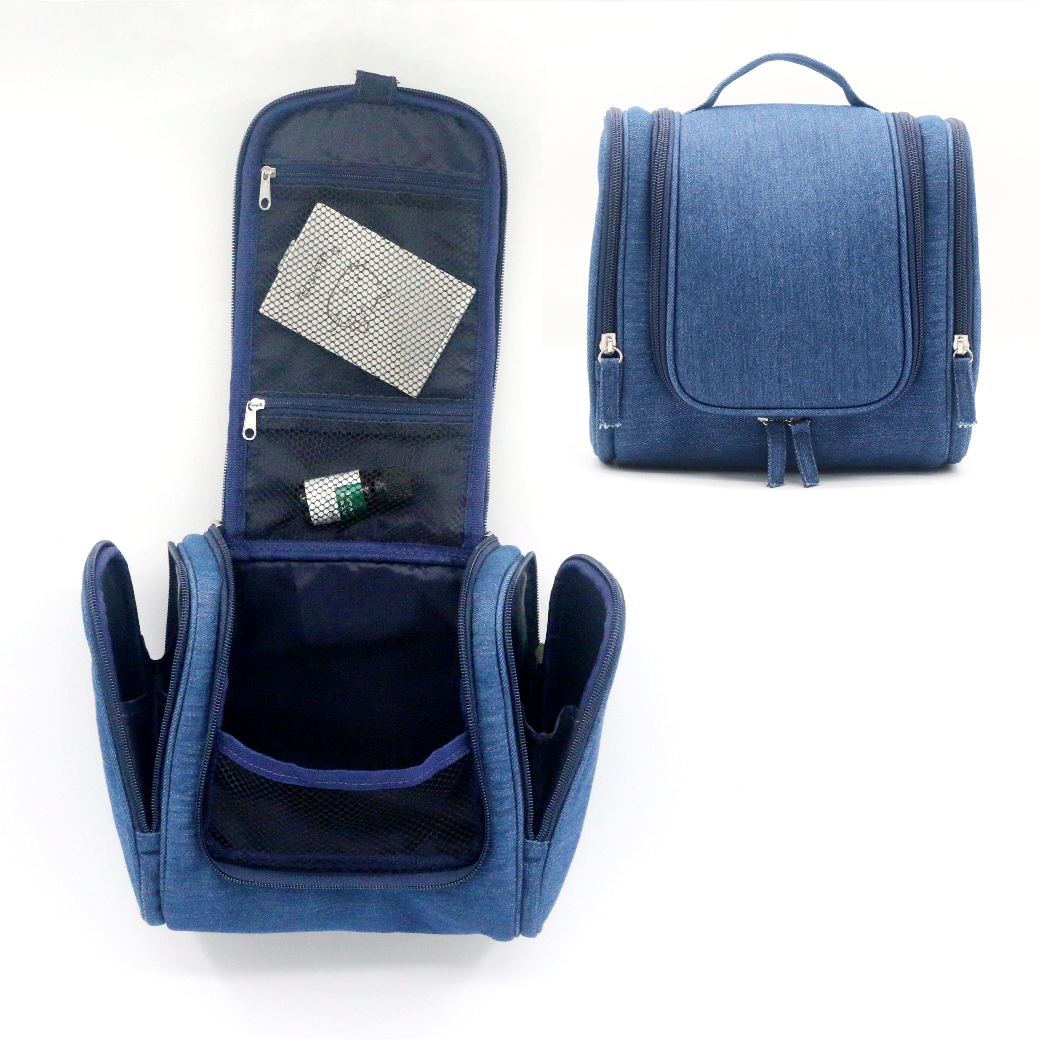New Design Denim Fabric Hanging Hook Toiletry Bag Large Capacity Portable Handle Strong Denim Cotton Men's Wash Bag Toiletry Bag
