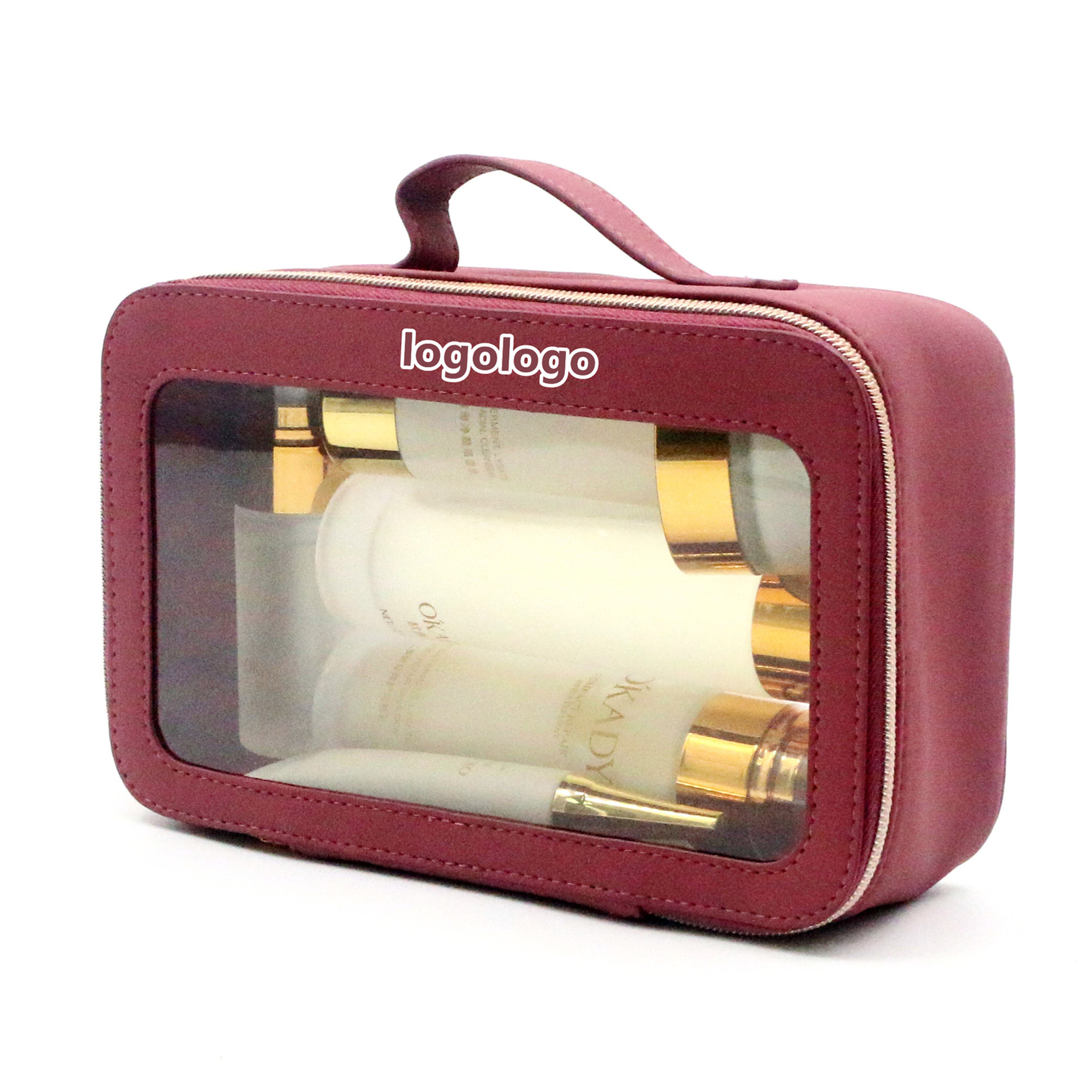 Burgundy PU Frame Transparent PVC Waterproof Cosmetic Bag