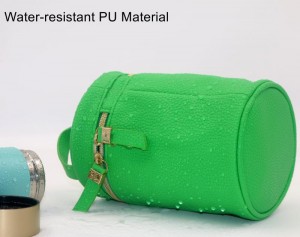 2022 Unique Bright Green Water-based PU Lychee Pattern Cylindric Shape Makeup Bag Waterproof PU Cosmetic Bag