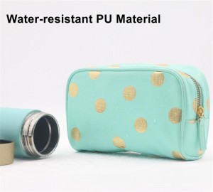 Wholesale Blue Makeup Bag Square Shape Soft PU Gilding Dot Pattern Water-based PU Cute Cosmetic Bag