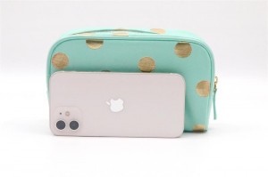 Wholesale Blue Makeup Bag Square Shape Soft PU Gilding Dot Pattern Water-based PU Cute Cosmetic Bag