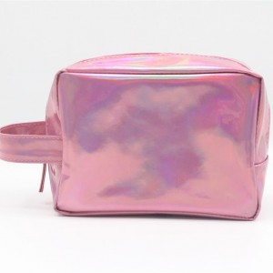 Lightweight Travel Toiletry Bag Cylinder Shape Holographic Pink PU Wash Bag