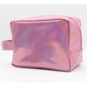 Lightweight Travel Toiletry Bag Cylinder Shape Holographic Pink PU Wash Bag