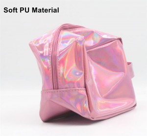 Lightweight Travel Toiletry Bag Cylinder Shape Holographic Pink PU Wash Bag