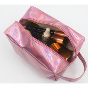 Lightweight Travel Toiletry Bag Cylinder Shape Holographic Pink PU Wash Bag