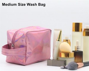 Lightweight Travel Toiletry Bag Cylinder Shape Holographic Pink PU Wash Bag