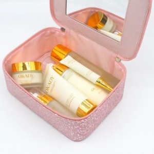 2022 Vanity Open Top Mirror Cosmetic Case Glitter PU Light Rose Pink Square Shape Waterproof PU Cosmetic Organizer