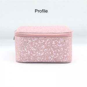 2022 Vanity Open Top Mirror Cosmetic Case Glitter PU Light Rose Pink Square Shape Waterproof PU Cosmetic Organizer