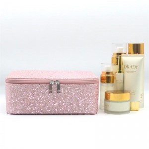2022 Vanity Open Top Mirror Cosmetic Case Glitter PU Light Rose Pink Square Shape Waterproof PU Cosmetic Organizer