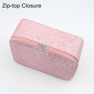 2022 Vanity Open Top Mirror Cosmetic Case Glitter PU Light Rose Pink Square Shape Waterproof PU Cosmetic Organizer