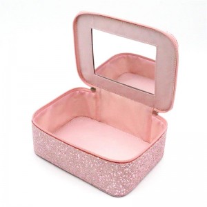 2022 Vanity Open Top Mirror Cosmetic Case Glitter PU Light Rose Pink Square Shape Waterproof PU Cosmetic Organizer