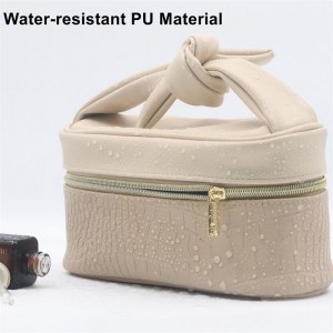 Unique Sandy Beige Alligator Pattern Portable Makeup Bag Untie Bowknot Handle Perfectly Pale PU Cosmetic Bag