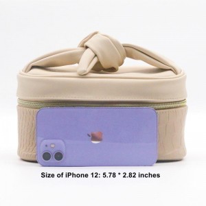 Unique Sandy Beige Alligator Pattern Portable Makeup Bag Untie Bowknot Handle Perfectly Pale PU Cosmetic Bag