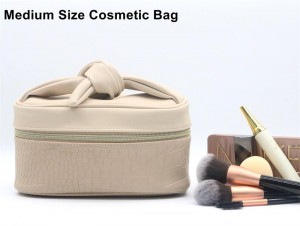 Unique Sandy Beige Alligator Pattern Portable Makeup Bag Untie Bowknot Handle Perfectly Pale PU Cosmetic Bag