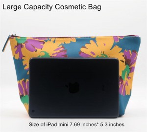 2022 New Product Harbor Blue Ground Floral Printing Trapezoid Shape Retro Style Water-based PU Cosmetic Bag