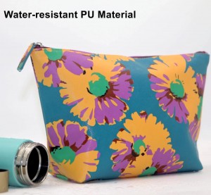 2022 New Product Harbor Blue Ground Floral Printing Trapezoid Shape Retro Style Water-based PU Cosmetic Bag