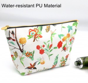 2022 Spring Newest Arrival Lifelike Flowers and Birds Pattern on Snow White Ground Water-based PU Cosmetic Bag